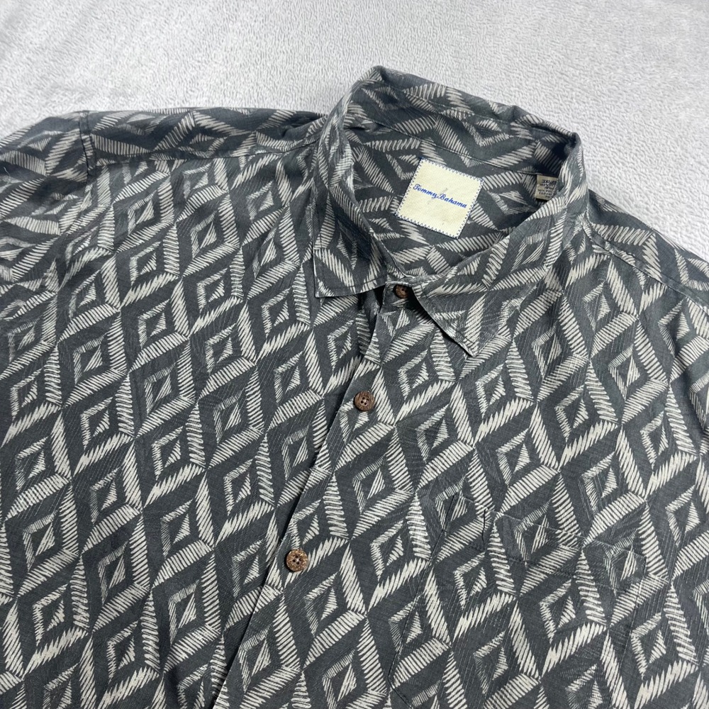 Tommy Bahama Mens 3XL‎ Silk Blend Grey Geometric Diamond Ikat Camp Shirt